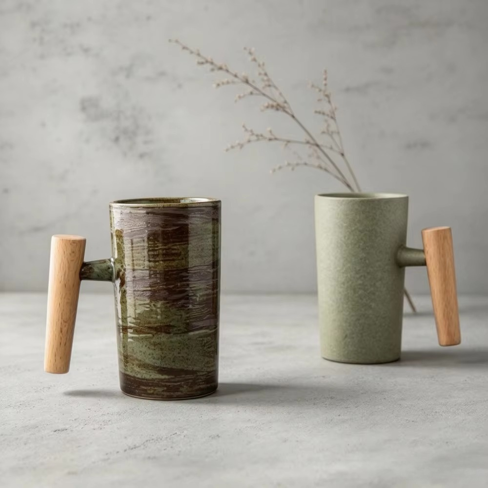 Japanese Pottery - Japanse keramische koffiemok met houten handvat,
